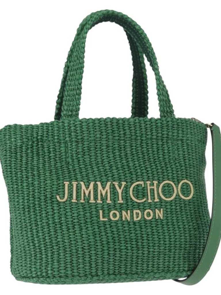 Jimmy Choo Hand Bag Raffia 2way Green Gold Auth